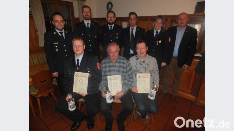 Den langjährigen Mitgliedern der Feuerwehr Pickenricht, Daniel Weiß, Rainer Abredat und Gerhard Zintl (vorn, von links) gratulieren (hinten, von links) Kreisbrandmeister Michael Iberer, Zweiter Kommandant Albert Karl, Kommandant Stefan Herkommer, Vorsitzender Christian Gebhard, Zweite Vorsitzende Christa Segerer und Zweiter Bürgermeister Georg Götz. Bild: ibj