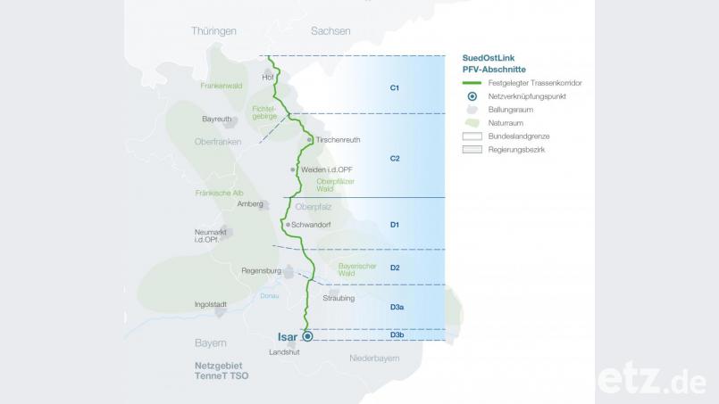 Die schematische Karte des Süd-Ost-Links zeigt die Abschnittseinteilung in Bayern für die Planfeststellungsverfahren. Bild: exb/Tennet