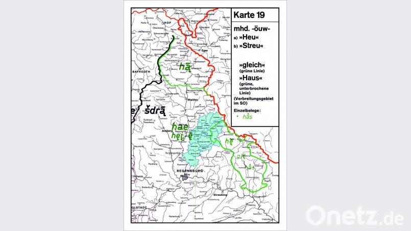 Karte 19 aus dem Werk von Adolf Gütter „Nordbairischer Sprachatlas“ aus dem Jahr 1971 zeigt das Verbreitungsgebiet der dialektalen Aussprache von „Heu“ und „gleich“ (grüne Linie im Südosten). Das blau ausgewiesene Gebiet wurde im Rahmen eines Schulprojekts in die Karte eingefügt. Es kennzeichnet die Schulregion der Staatlichen Realschule Neunburg vorm Wald. Bild: slu