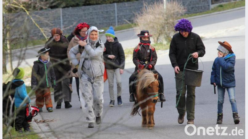 Erstmals mit beim Umzug mit dabei ist das Pony „Jack“ aus Remmelberg. Das kleine Pferd ist ein echter Hingucker, es bringt die als Cowgirl verkleidete Betty mit stoischer Ruhe im wilden Faschingshaufen sicher ans Ziel. Bild: fvo
