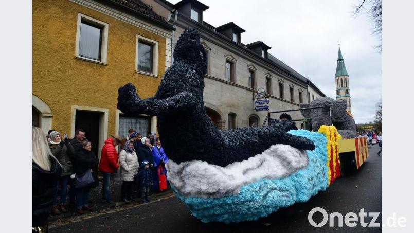 Erst mit der Robbe als Anfang des Prinzenwagens, deren Auftauchen aus den Wellen des Meeres und dem dann nachfolgenden eigenlichen Prinzenwagen mit dem Elefanten und dem Prinzenwagen wird die Dimension dieses Prinzenwagens erst deutlich und somit auch die Unterstützung vieler Pleysteiner Frauen beim Binden der davor notwendigen Papierrosen - 17.000 an der Zahl. Bild: bey