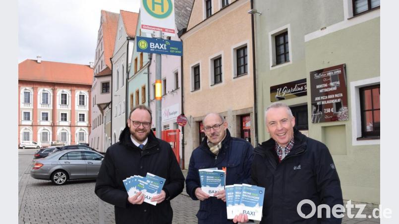 Landrat Andreas Meier und die ÖPNV-Verantwortlichen Martin Koppmann und Karlheinz Schubert appellieren an die Bürger, den Anrufbus Baxi rege zu nutzen. Ein Ansporn zum Ausprobieren sind die Gutscheine, die in den nächsten Tagen an alle Haushalte verteilt werden. Bild: exb