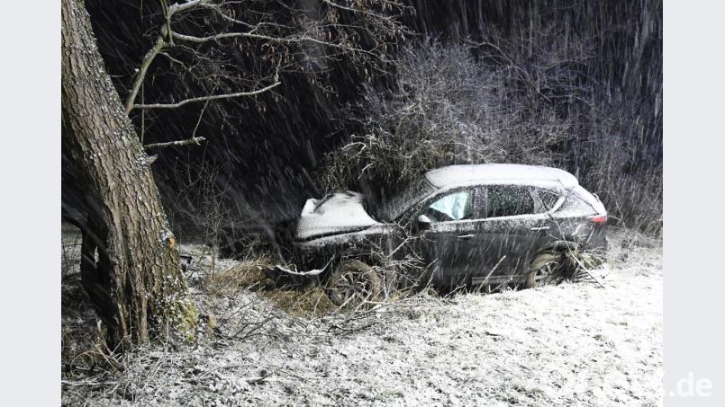 Ein Baum stoppte schließlich die Unfallfahrt des Mazda. Bild: Petra Hartl