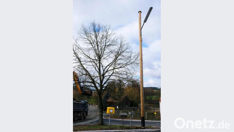 Doppelt so viele Straßenlampen wie bisher sollen die Ortsdurchfahrt von Höflas besser ausleuchten. Weichen muss allerdings laut Beleuchtungsplan des Bayernwerkes eine Peitschenleuchte am Holzmast neben der Dorflinde (Bild). Das gefällt nicht jedem Höflaser. Einige Bewohner befürchten ausgerechnet in der Dorfmitte &quot;ein finsteres Loch&quot;. Bild: do