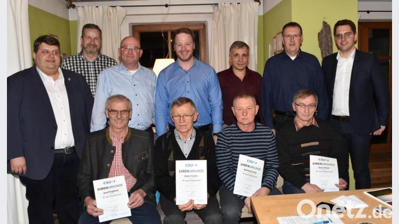 Ehrungen für langjährige Mitgliedschaft im CSU-Ortsverband Illschwang: (stehend von links) Bürgermeister Dieter Dehling, stellvertretender Ortsvorsitzender Matthias Wenkmann, Thomas Dirler (15 Jahre), Ortsvorsitzender Henner Wasmuth, Hubert Sellner (10 Jahre), Otmar Meier (15 Jahre), Europaabgeordneter Christian Doleschal; (sitzend von links) Josef Englhard (40 Jahre), Erwin Fischer (40 Jahre), Reinhard Lutter (20 Jahre) und Heinz Pickel (20 Jahre). Bild: no