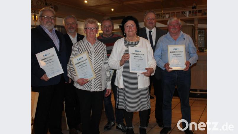 Die Birgland-CSU ehrt Jubilare (von links): Erhard Nitzbon (25 Jahre), Vorsitzender Hans Süß, Hannelore Nitzbon (25 Jahre), Rudi Högner (40 Jahre), Magdalena Stief (25 Jahre), Landrat Richard Reisinger und Richard Pilhöfer (40 Jahre). Bild: sis