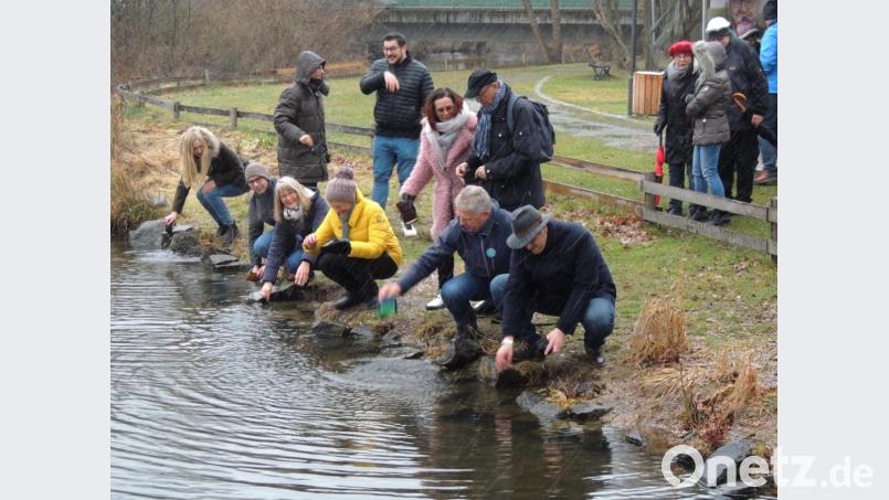 Bürgermeister Edgar Knobloch, CSU-Ortsvorsitzender Gerald Morgenstern, viele Stadtratskandidaten und Bürger waschen ihre Geldbörsen im Stadtweiher aus. Bild: sne