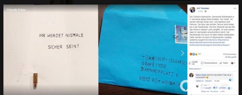 Die Türkisch-Islamische-Gemeinde Röthenbach an der Pegnitz hat einen Drohbrief bekommen: Inhalt waren eine Patrone und die Notiz "Ihr werdet niemals sicher sein". Screenshot: www.facebook.com/arif.tasdelen.spd
