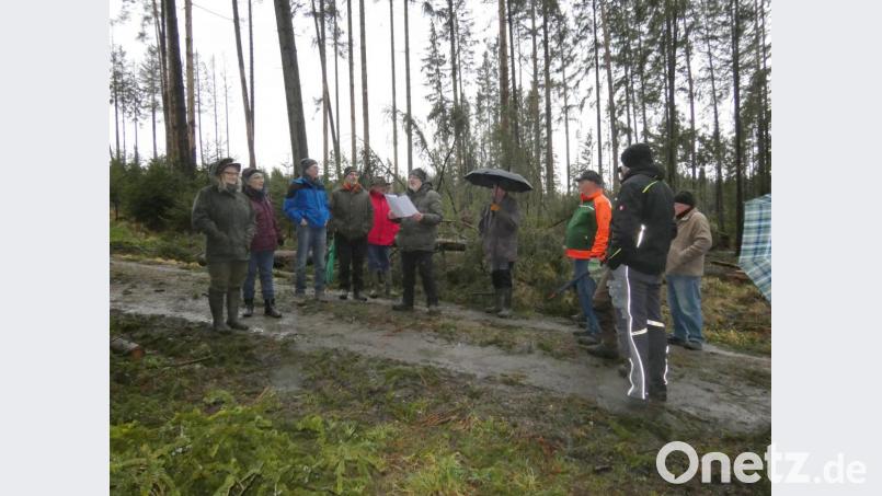Ausgerüstet mit Regenschirmen lauschten die Besucher gespannt den Informationen von FBG-Geschäftsleiter Walter Ehlich (4.v.l.) und Revierleiter Heribert Bradtka (6.v.l.). Bild: fua