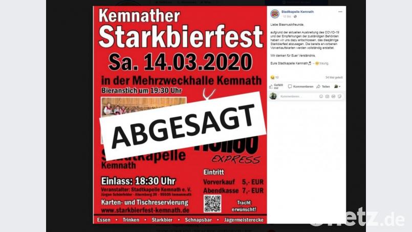 Wegen des Coronavirus wird das Starkbierfest in Kemnath am kommenden Samstag abgesagt. Screenshot: facebook.com/stadtkapellekemnath