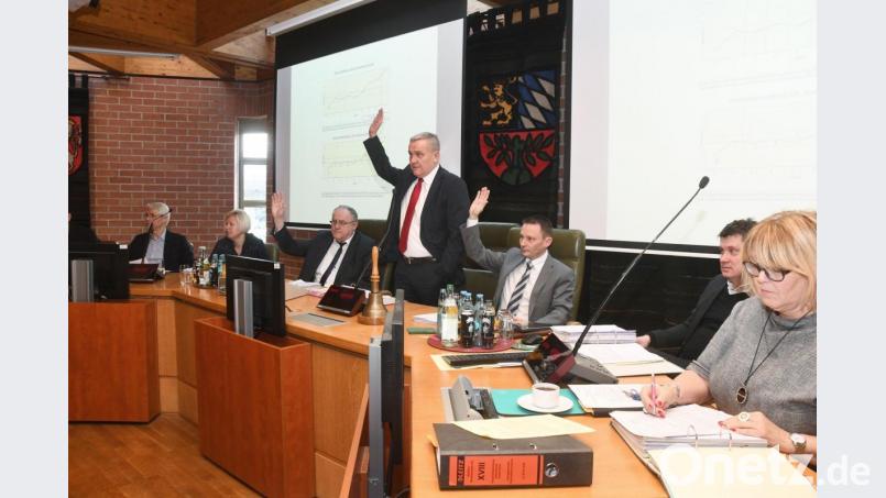 Alle dafür. OB Kurt Seggewiß (stehend) in seiner letzten Arbeitssitzung des Stadtrats sowie die Bürgermeister Lothar Höher (links daneben) und Jens Meyer (rechts daneben) schlugen eine jährliche Förderung für OKV und Kunstverein Weiden vor. Bild: Gabi Schönberger