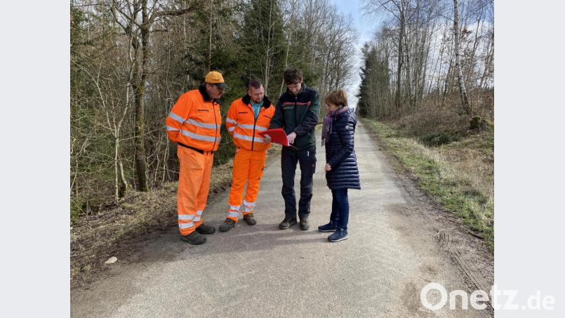 Lukas Rupprecht (Zweiter von rechts) diskutiert mit Bürgermeisterin Marianne Rauh und den Bauhof-Mitarbeitern Christian Schwägerl und Manuel Hausner (von links) den Zustand des Gemeindewaldes. Bild: Eichl