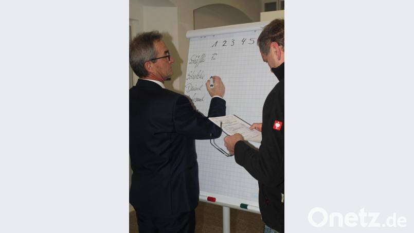 Weil die Technik zeitweise streikte, notiert Bürgermeister Werner Nickl die Zwischenergebnisse aus den Wahlbezirken auf einer Flipchart. Bild: luk