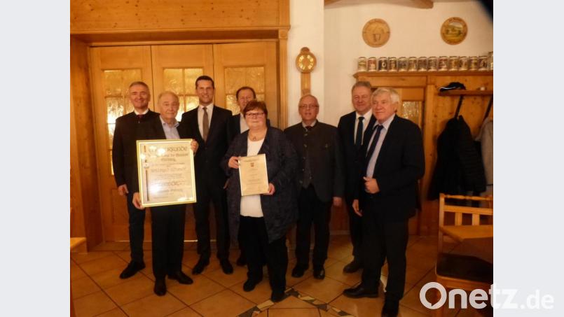 Bei der Preisverleihung für Ehrenamtliche (von links): Harald Schwartz, Wilfried Schmidt, Bürgermeister Roman Berr, Richard Gaßner, Elfriede Wirbel, Winfried Franz, Landrat Richard Reisinger und MdB Alois Karl. Bild: fm