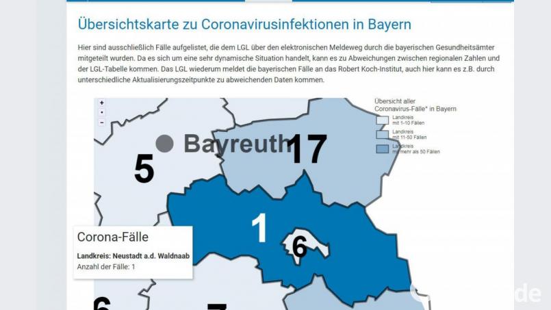 Die Karte zeigte schon vergangene Woche an, dass es auch im Landkreis Neustadt/WN einen Coronafall gegeben haben soll. Screenshot: Landesamt für Gesundheit und Lebensmittelsicherheit