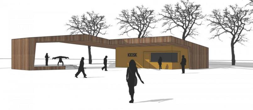 Bürgermeister Hermann Ach bezeichnete den Plan für die Errichtung des Kiosks im Kurpark einen Diskussions-Entwurf, der vielleicht etwas zu modern aussehe. Bild: Planskizze der Architekten Fichtner-Gruber/exb