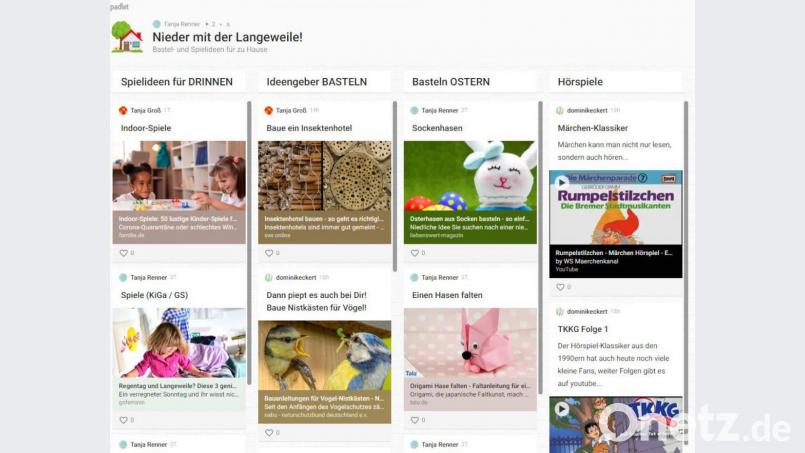 Die &quot;padlet&quot;-Seite &quot;Nieder mit der Langeweile!&quot; bietet Kindern Anregungen, wie sie ihre Zeit zu Hause mit Spiel und Spaß gestalten können. Screenshot: padlet.com/MrsTanjaRenner/JBA
