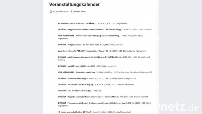 "Entfällt! " Screenshot der Homepage der katholischen Pfarrei St. Albertus Magnus in Fensterbach. Screenshot: Thomas Dobler