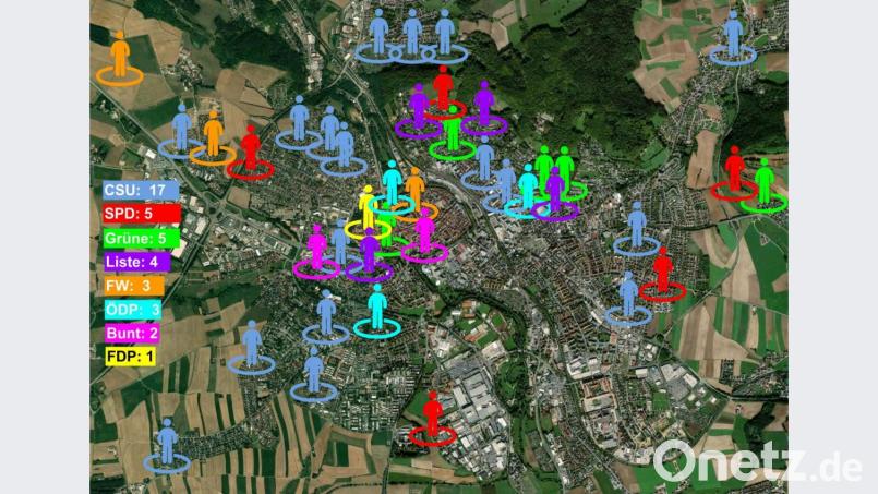 Diese Grafik macht deutlich, wie sich die 40 Stadträte auf Amberg verteilen. Auffällig ist zum Beispiel, dass keiner der 17 CSU-Vertreter in der Altstadt lebt. Grafik: Oberpfalz-Medien