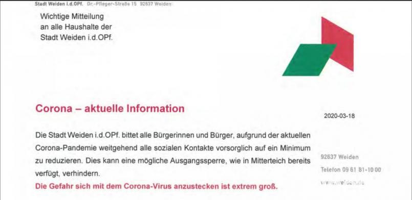So sieht der Appell der Stadt aus, den die Weidener bald in ihren Briefkästen finden werden. Bürgermeister Jens Meyer warnt darin eindringlich: „Die Gefahr sich mit dem Corona-Virus anzustecken ist extrem groß.“ Screenshot: mte