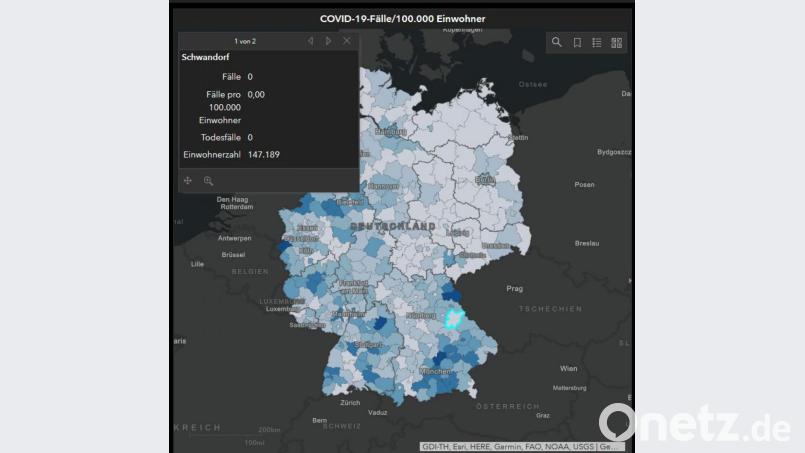 Interaktive Grafik auf der Homepage des Robert-Koch-Instituts: "0 Coronafälle im Landkreis Schwandorf" (Stand (Montagvormittag) Screenshot: td