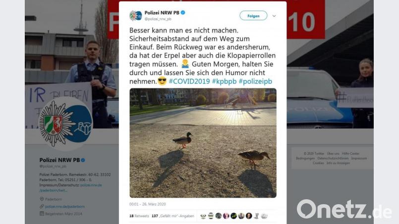 Die Polizei in Paderborn hat sich bei Twitter über ein Entenpaar amüsiert. Screenshot: twitter.com/polizei_nrw_pb
