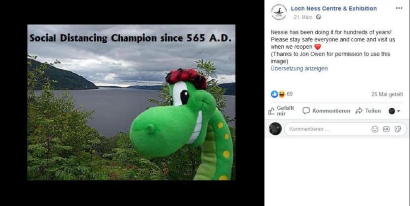 Nessie: Champion im Halten sozialer Distanz seit 565 nach Christus. Screenshot: facebook.com/Loch-Ness-Centre-Exhibition