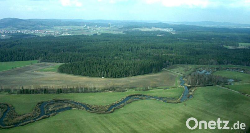 Unweit der renaturierten Pfreimd bei Pfrentsch bildet der Waldsaum den südlichen Teil der Waidhauser Gemeindegrenze zu Eslarner Gebiet. Luftbild: fjo