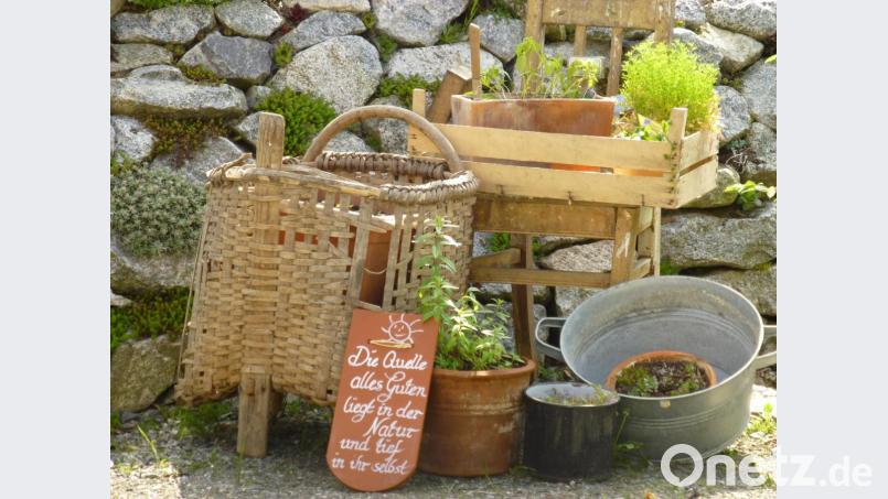 Die Installation und der Text im Garten von Stefanie Götz vermitteln augenfällig das Motto von "Slow Gardening". Bild: lg