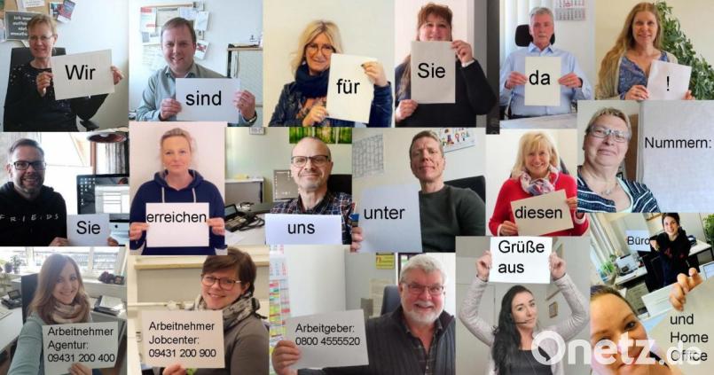 Die Mitarbeiter der Agentur für Arbeit Schwandorf, der Jobcenter in der mittleren Oberpfalz und der Familienkasse am Standort Schwandorf grüßen die Kunden aus Büro und Home Office. Bildmontage: Stephan-Park/exb