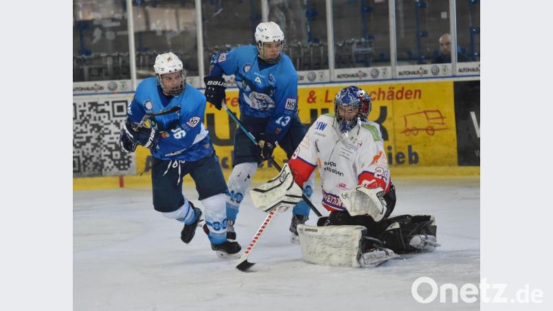 Der 1. EV Weiden kann stolz auf seine Nachwuchsarbeit sein. Beim Zertifizierungsprogramm des DEB gab es für die Young Blue Devils drei von fünf möglichen Sternen. Das Bild zeigt eine Szene aus der Partie der U20-Junioren in der DNL3 gegen den EC Peiting. Bild: af