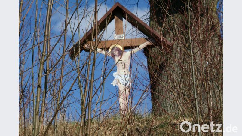 Die Sträucher am Straßenrand trüben noch den Blick auf das erneuerte Feldkreuz. Sie sollen demnächst zurückgeschnitten werden. Bild: fpoz