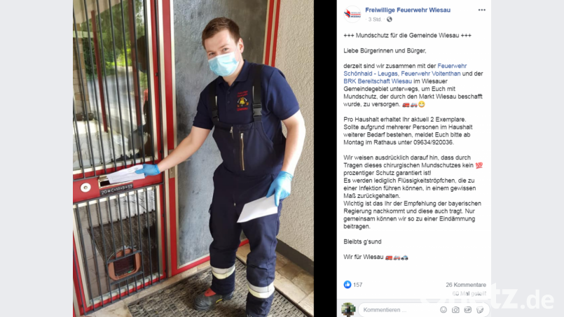 Die Feuerwehr und das BRK in Wiesau haben am Samstag Mundschutzmasken für die Bürger der Gemeinde Wiesau verteilt. Screenshot: facebook.com/FreiwilligeFeuerwehrWiesau
