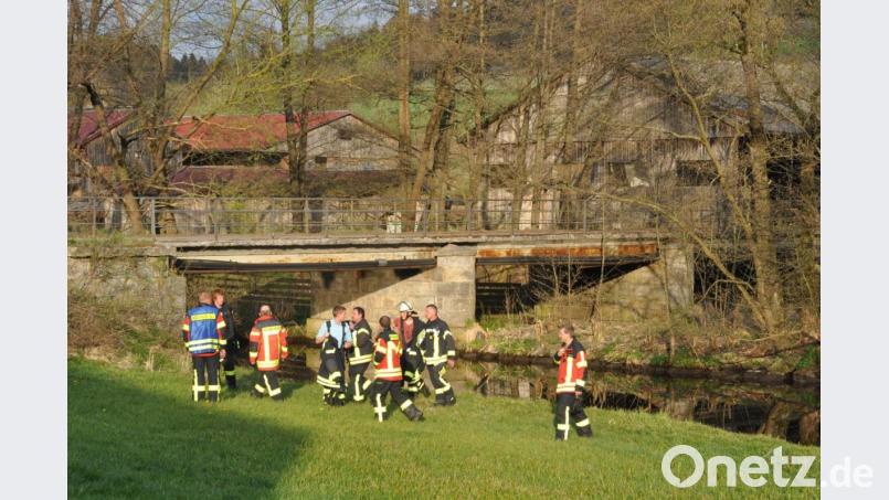 Mehr als 20 Feuerwehrkräfte rücken am Freitag bei der Kainzmühle an, um eine Ölsperre in der Pfreimd zu errichten. Wegen eines technischen Defekts an einem Wasserschieber gelangt Hydrauliköl in das fließende Gewässer. Bild: dob