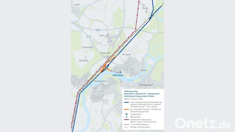 Der orangefarbene Trassenabschnitt wurde von Tennet neu ins Planfeststellungeverfahren eingeführt. Der Ostbayernring rückt damit etwa weiter weg vom westlichen, Krondorfer Ortsrand. Bild: exb/Tennet
