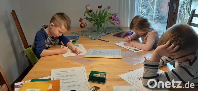 Unterricht muss sein. Den ganzen Vormittag über schlüpft Regina Gallner in die Rolle der Lehrerin. Sie erledigt mit ihren Kindern die von der Schule und der Kita gestellten Aufgaben, die alle Beteiligten ganz schon fordern können. Bild: ads