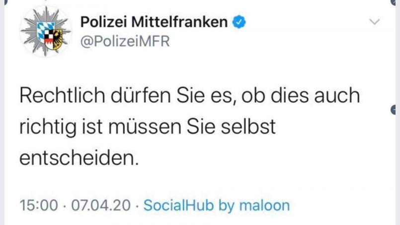 Die Polizei Mittelfranken hat mit einer Antwort per Twitter einen Internethit gelandet. Screenshot: Screenshot: witter.com/PolizeiMFR