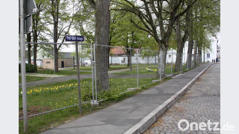 Schön sehen die Gitter zwischen Dietl-Anlage und Bahnhofstraße nicht aus. Doch müssen sie bis zum Abschluss letzter Bau- und Abnahmearbeiten noch stehen bleiben. Bild: bjp