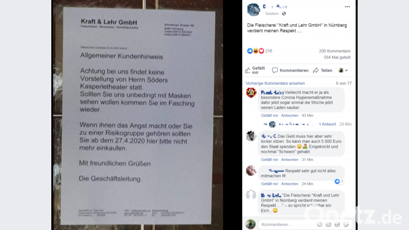 Eine Fleischerei aus Nürnberg hat mit einem Aushang gegen die Maskenpflicht für Aufsehen gesorgt. Screenshot: facebook/dianamaier