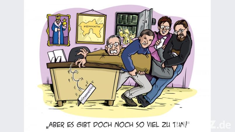 Ein Cartoon mit einigen Funken Wahrheit: Werner Nickl nimmt Abschied vom Kemnather Bürgermeisteramt Repro: stg