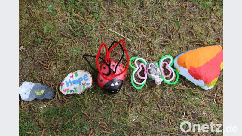 Vor dem Schwarzenbacher Kindergarten sonnt sich eine lange Steinschlange. Bild: sne
