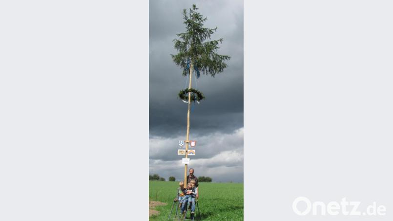 Bernhard Bogner stellt mit seinen Kindern Paul, Lukas und Elisa am 1. Mai einen zehn Meter hohen Maibaum auf. Bild: sei