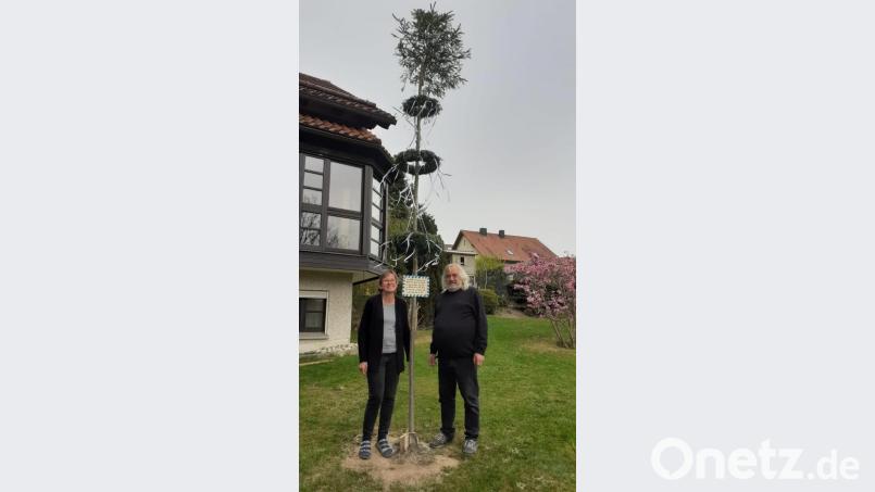 Agnes und Gerd Bayer vorm Maibaum im eigenen Garten. Bild: exb