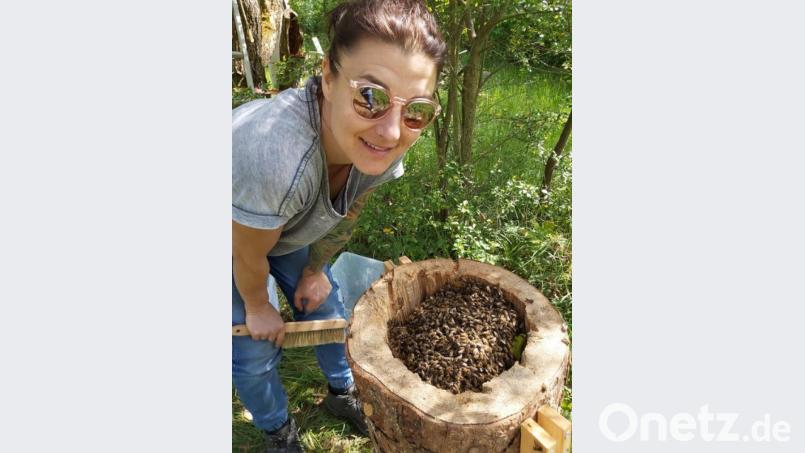 Imkerin Stefanie Zehetbauer und die Bienen nach der Umsiedelung von der JVA-Mauer in eine Klotzbeute. Eine Klotzbeute ist eine selbst gebaute Behausung für Bienen in einem hohlen Stamm. Bild: exb
