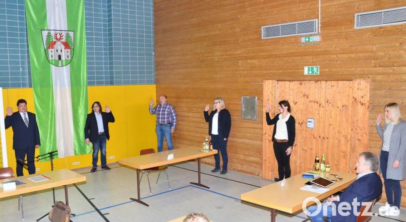 Nicole Hoch, Maria Reichenberger-Hösl und Erika Grötsch (stehend, von rechts) verstärken als neue Mitglieder die weibliche Seite im Waidhauser Marktrat. Manfred Schneider, Andreas Ringholz und Ulli Theiß (von links) vervollständigen das Gremiuim. Bild: fjo