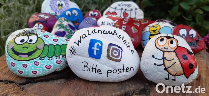 Die Steine von Ramona Welzenbach sind mit einer grinsenden Raupe, einem Marienkäfer oder nur mit einem lachendes Gesicht bemalt. Auf der Rückseite findet sich der HInweise auf die Facebookgruppe #waldnaabsteine. Bild: exb