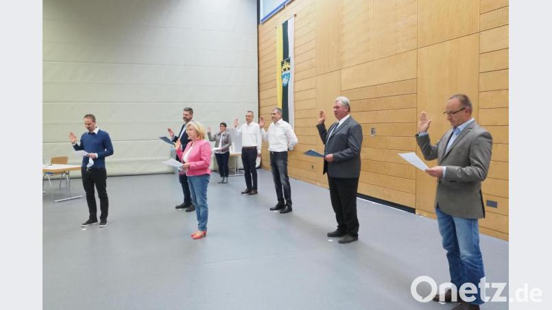 Kilian Mauderer, Wolfgang Prebeck, Gabriele Beck, Susanne Lindner, Martin Bauer, Wolfgang Bäuml, Georg Greger und Markus Dorschner (von links) wurden als neue Markträte vereidigt Bild: bl