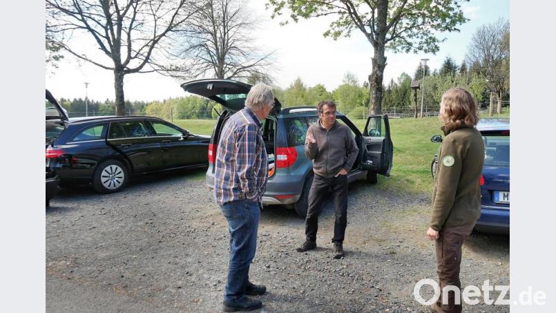 Hartmut Schmid (Mitte), der im Auftrag des Bund Naturschutz die Suche nach dem Gartenschläfer in Bayern betreut und koordiniert, freut sich über die Erfolgsmeldungen aus dem Steinwald. Rangerin Amelie Nöth (rechts) und der Geschäftsführer des Naturparks Steinwald, Ernst Tippmann (links), unterrichteten den Experten über die ersten Erfolge mit der Wildkamera. Bild: bsc