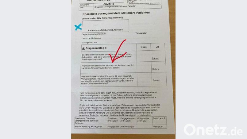 Dieser Fragenkatalog des Bundeswehrkrankenhauses Ulm kursiert auf Facebook. Eine Nutzerin postete ihn vor einigen Tagen auf der Onetz-Seite. Er ist mittlerweile aber schon veraltet, wie Oberfeldärztin Sabine Wenninger von der Hygieneabteilung sagt. Bild: facebook.de/onetz