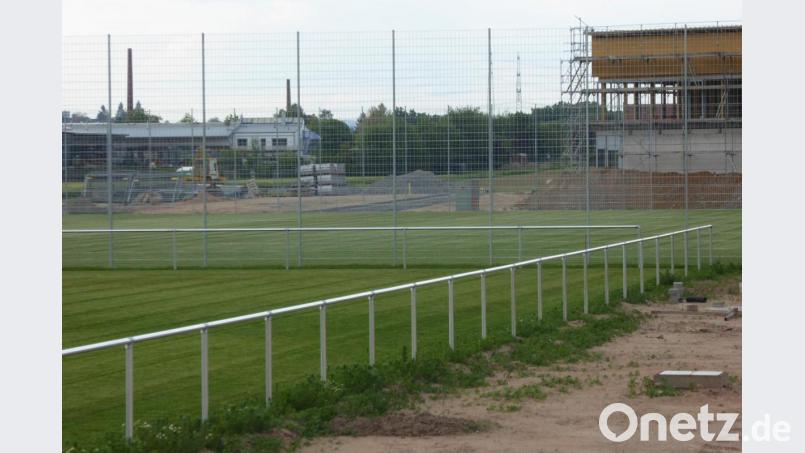 Die Begrünung der beiden Rasensportplätze des neuen Sportparks hat sich gut entwickelt. Für das Sportfunktionsgebäude (rechts) wurden weitere Arbeiten vergeben. Bild: fsb